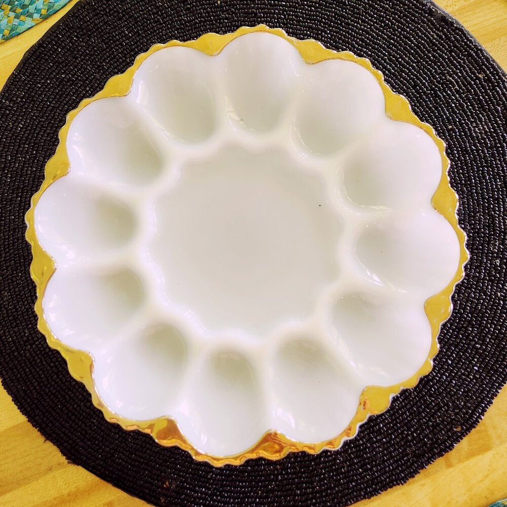 Anchor Hocking Fire King Milk Glass Deviled Egg Plate 22K Gold Trim